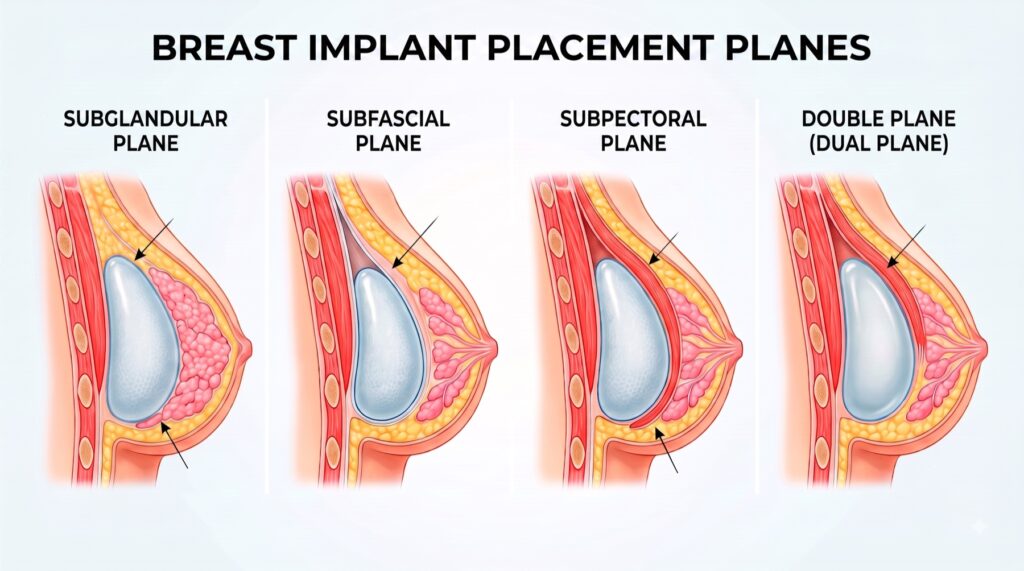 Breast implant placement planes