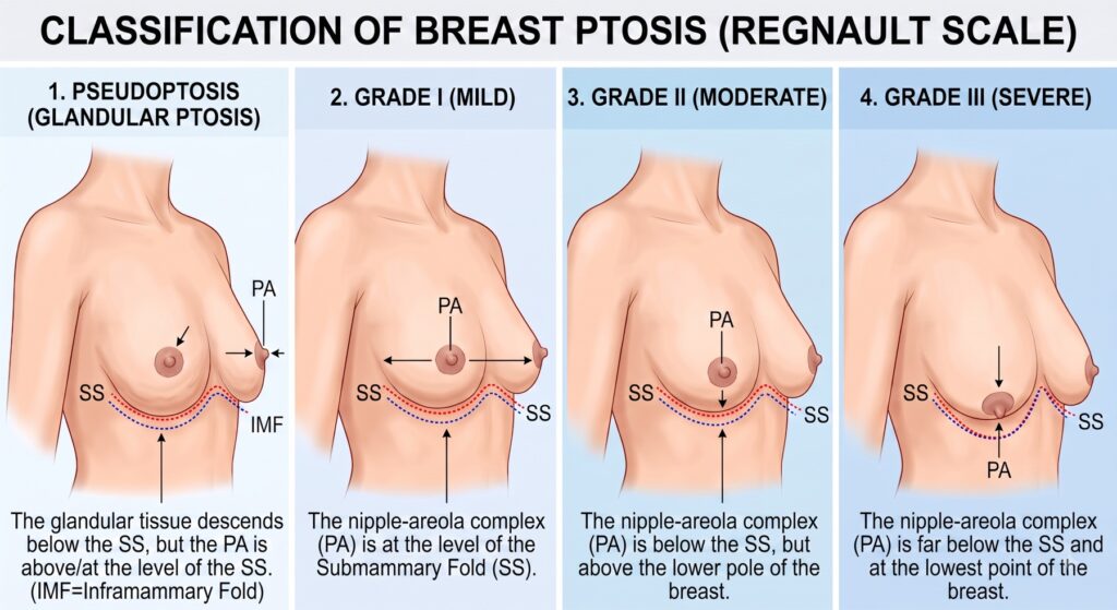 Classification of breast ptosis (Regnault scale)