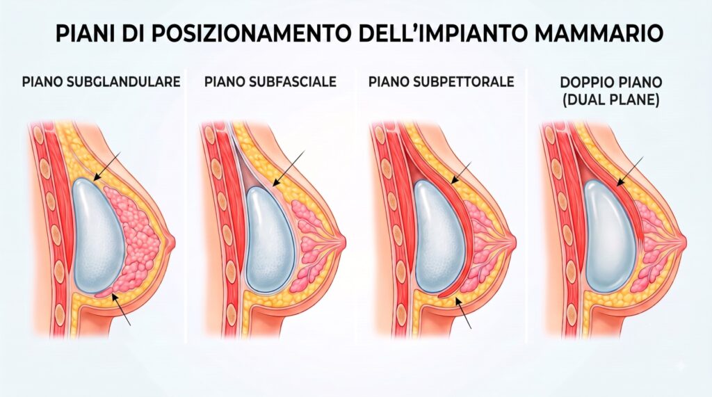Piani di posizionamento della protesi mammaria: sottoghiandolare, sottofasciale, sottomuscolare e dual plane